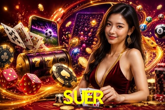 Una escena digital vívida inspirada en casino con SUER mostrado prominentemente, luces brillantes, fichas, cartas y acentos dorados.