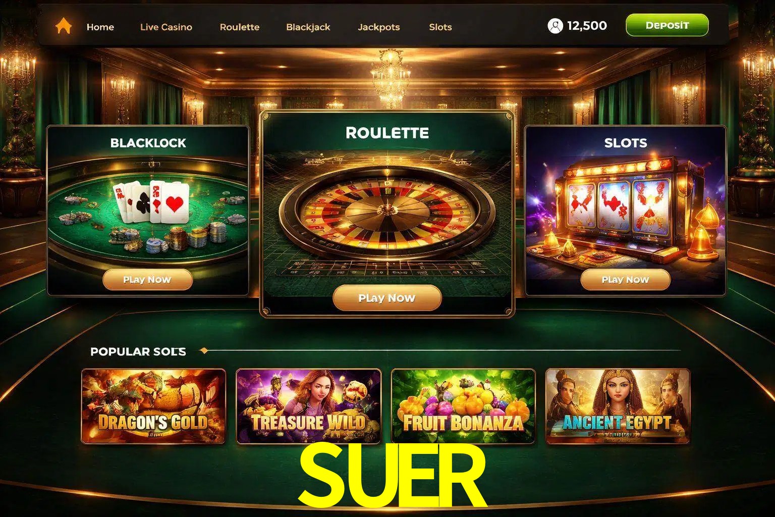 Vista de la plataforma SUER Casino mostrando categorías organizadas de juegos en línea