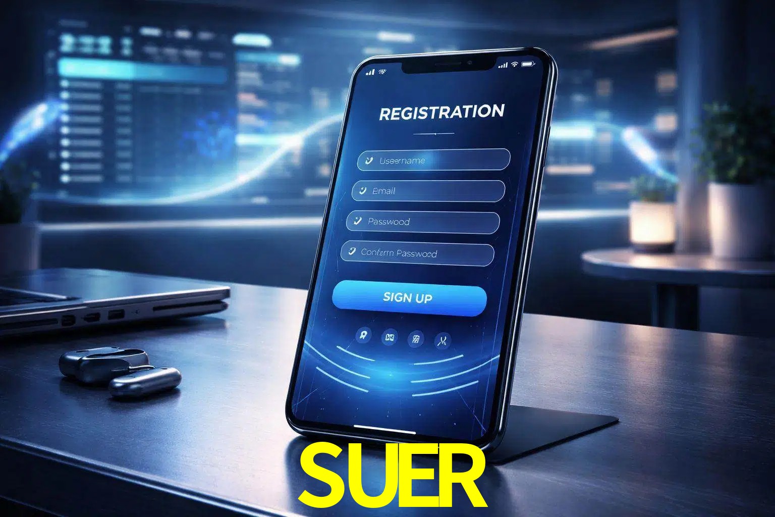 Una interfaz moderna de registro móvil para SUER mostrada en un smartphone con un panel de apuestas elegante.